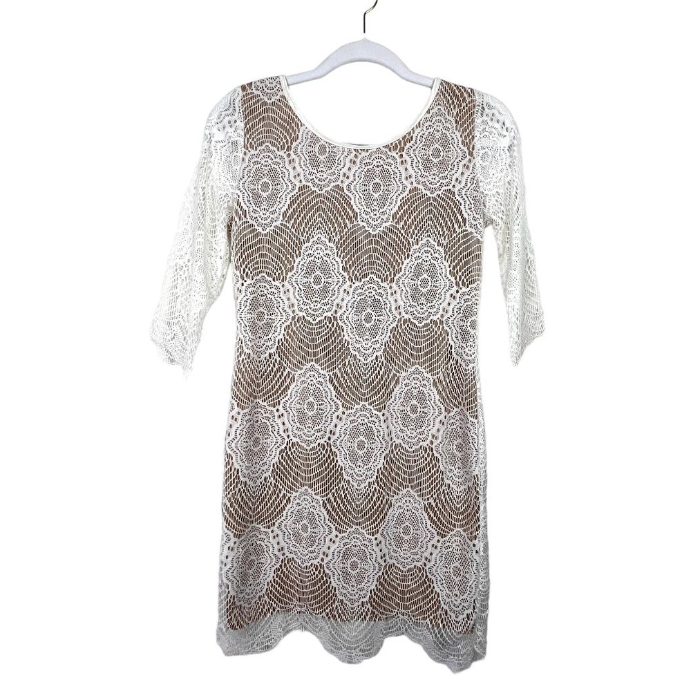LULUS Womens M Lace Knit Overlay Half Sleeve Beige Dress Special Occasion
